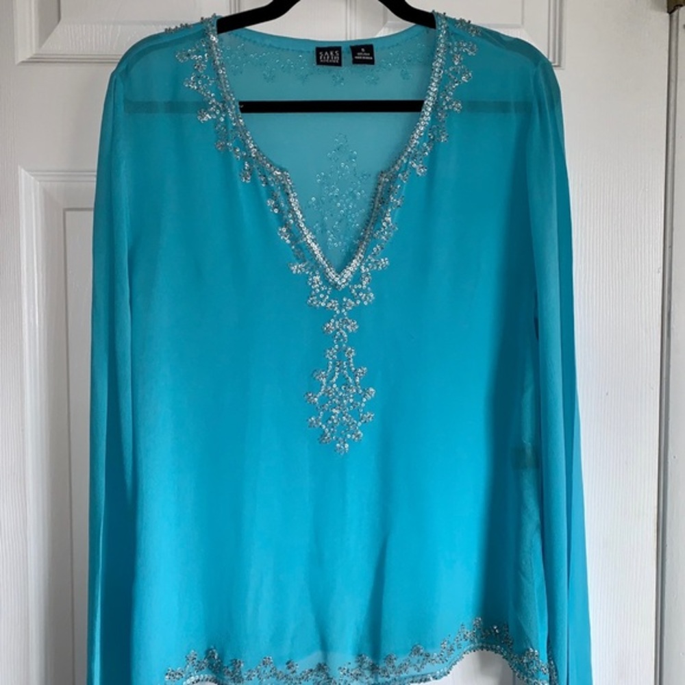 Saks 5th Ave Aqua/blue silk embellished blouse